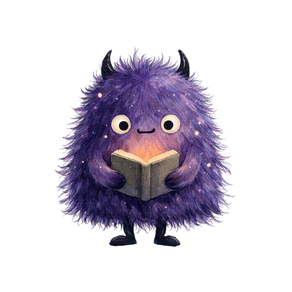 A friendly purple monster reading a glowing book